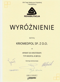 Kopia Kopia Wyróżnienie dla Kriomedpol Sp. z o.o. na XXV Targach Medycyny Fizykalnej i Rehabilitacji